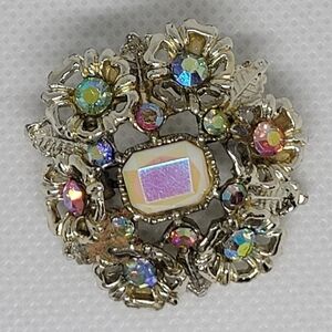 VINTAGE Silver Toned Multi-Colored Rhinestone Brooch